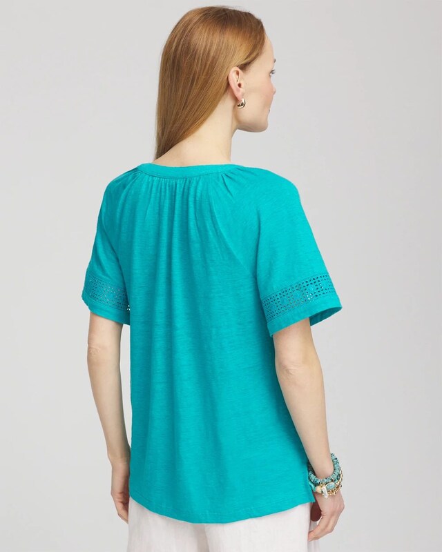 Linen Lace-Cutwork Sleeve Henley Tee - image 3